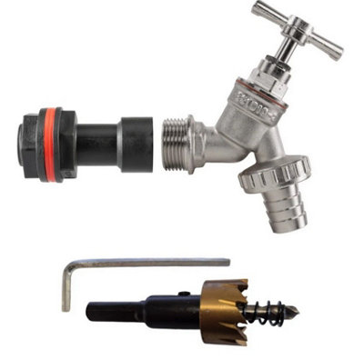 B2C Water Butt Replacement Tap Extension Kit + Drill Bit Lever Bib Outlet Barb Quick 3/4" Nickel Plated Brass Bib (Barbed) from B&Q