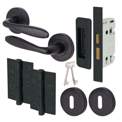 Afit Black Lock Door Handle Round Rose Set1 Pair Internal Lever Matt Black HandlesLock 64mmHingesSanteau Range from B&Q