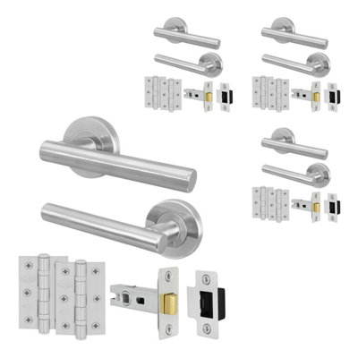Afit Satin Door Handles Round Rose With Latch4 Pairs Of Satin Nickel Internal HandlesHingesLatch (64mm)Olvera from B&Q