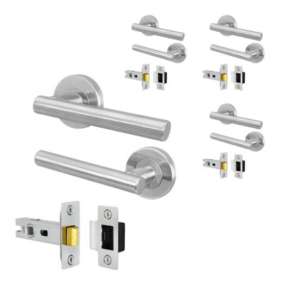Afit Satin Door Handles Round Rose With Latch4 Pairs Of Satin Nickel Internal HandlesLatch (64mm)Olvera Range from B&Q