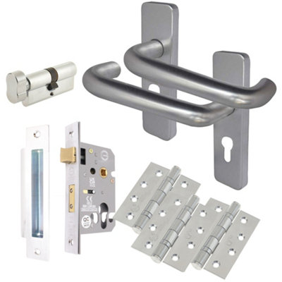 Afit Satin Aluminium Return To Door Lever Door Handle KitEuro Cylinder & Turn Lock Kit 153mm from B&Q