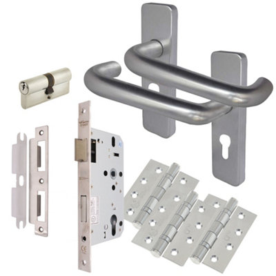 Afit Satin Aluminium Return To Door Lever Door Handle KitEuro Cylinder Lock Kit 153mm from B&Q