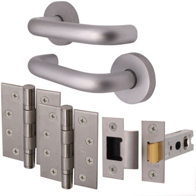 Afit Satin Aluminium Return To Door Lever On Rose Handle Latch Kit102mm Hinges 76mm Latch from B&Q