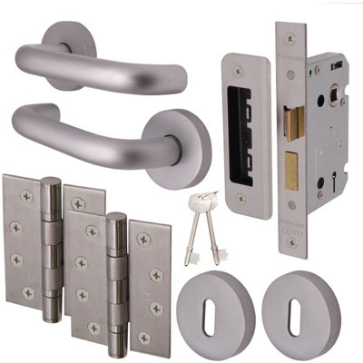 Afit Satin Aluminium Return To Door Lever On Rose Handle Sashlock Kit102mm Hinges from B&Q