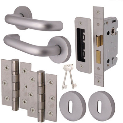 Afit Satin Aluminium Return To Door Lever On Rose Handle Sash Lock Kit76mm Hinges from B&Q