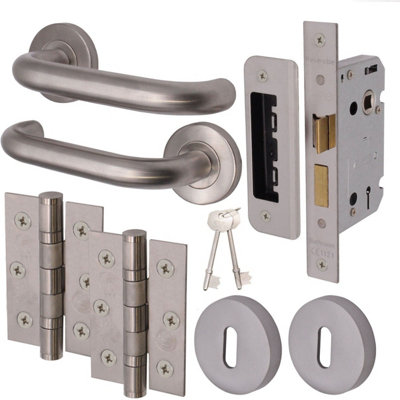 Afit Satin Stainless Steel Return To Door Lever On Rose Handle Sashlock Kit76mm Hinges 64mm Lock from B&Q