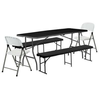 Harbour Housewares Folding Camping Picnic Table, Bench & Chair Set - 180Cm (6Ft) - Black