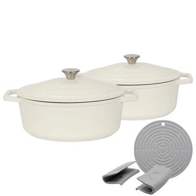 Argon Tableware Oval Cast Iron Casserole Dishes With Self-Basting Lid - 4.68L - Pebble Gloss - Pack Of 2