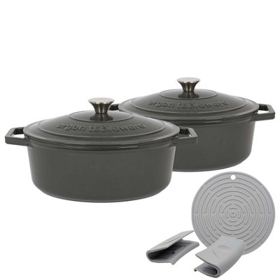 Argon Tableware Unisex Grey 2X Oval Cast Iron Casserole Dishes With Self Basting Lid - In 4.68L - Image 4