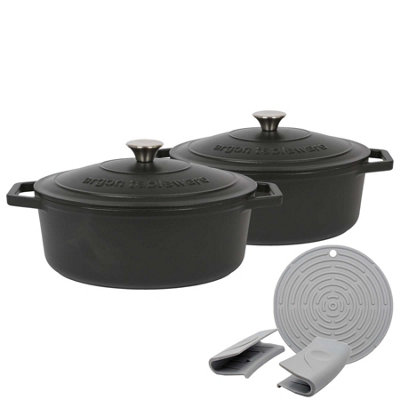 Argon Tableware Unisex Black 2X Oval Cast Iron Casserole Dishes With Self Basting Lid - In 4.68L - Image 4