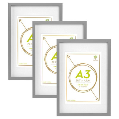 Nicola Spring 3X Photo Frames With White A4 MountA3 (12" X 17") Grey Portrait Hanging Wall Mounted Picture Display Frame from B&Q