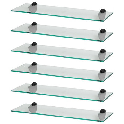 Harbour Housewares 6X Floating Glass Bathroom Shelves With Brackets - 60Cm Black
