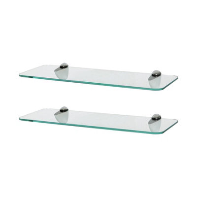 2x Rounded Floating Glass Bathroom Shelves 40cm Clear/Chrome Shower Storage Rack - Image 4