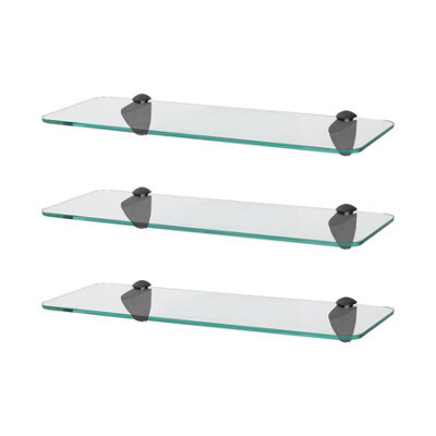 Harbour Housewares 3X Rounded Floating Glass Shelves40CmBlack BracketsBathroom Shower Storage Vanity Display Unit Shelf from B&Q