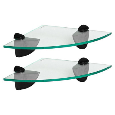 Harbour Housewares 2X Floating Glass Corner Shelves20CmBlack BracketsBathroom Shower Storage Vanity Display Unit Shelf from B&Q