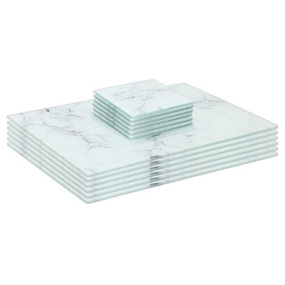 Harbour Housewares White Marble 12Pc Rectangle Glass Placemats & Square Coasters Set - 30Cm X 20Cm - Marble - Image 6
