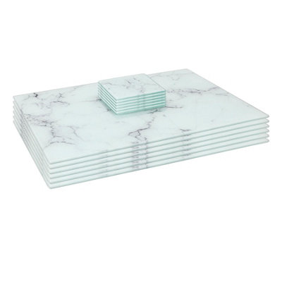 B&Q -  12Pc Glass Placemats & Square Coasters Set40 X 30Cm Marble Dining Table Protection Place Mats & Coasters - Image 6