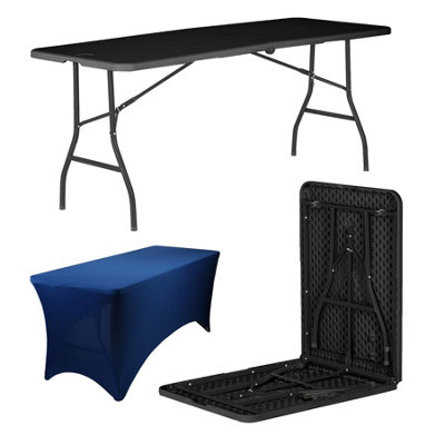 Harbour Housewares 180cm Folding Picnic Table with Tablecloth - Black/Blue - Image 4