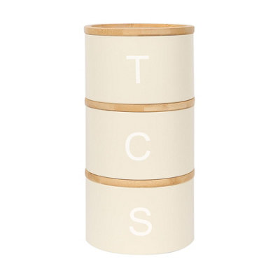 Harbour Housewares Stacking Tea Coffee Sugar Canister Set With Bamboo Lids - 3Pc Cream