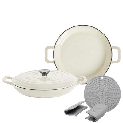 B&Q -  2X Shallow Cast Iron Casserole Dishes With Self-Basting LidPebble Gloss2.3 Litre Dutch Oven Roasting Dish