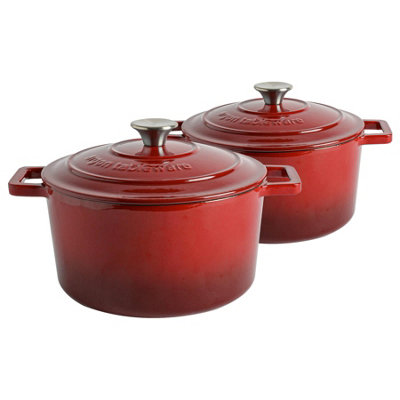 Argon Tableware Round Cast Iron Casserole Dishes With Self-Basting Lid - 4.5L - Ombre - Pack Of 2 Red