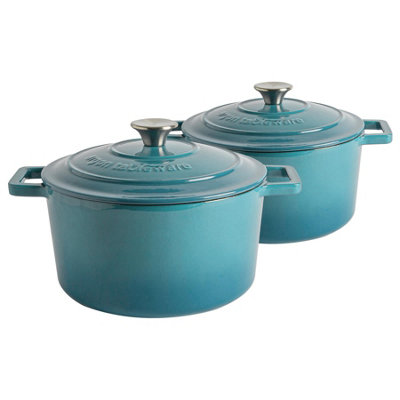 Argon Tableware Round Cast Iron Casserole Dishes With Self-Basting Lid - Teal Ombre - Pack Of 2 4.5L
