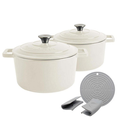 Argon Tableware Round Cast Iron Casserole Dishes With Self-Basting Lid - Pebble Gloss - Pack Of 2 4.5L