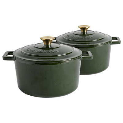 Argon Tableware 2X Round Cast Iron Casserole Dishes With Self-Basting LidGreen4.5 Litre Dutch Oven Roasting Dish Pot from B&Q