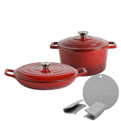 Argon Tableware 2pc Shallow Cast Iron Casserole Dish Set - 2.3L/4.5L - Red Ombre - Image 4