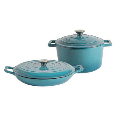 Argon Tableware 2Pc Shallow Cast Iron Casserole Dish With Self-Basting Lid Set - 2.3L/4.5L - Teal Ombre