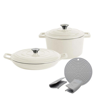 Argon Tableware 2Pc Shallow Cast Iron Casserole Dish With Self-Basting Lid Set - 2.3L/4.5L - Pebble Gloss
