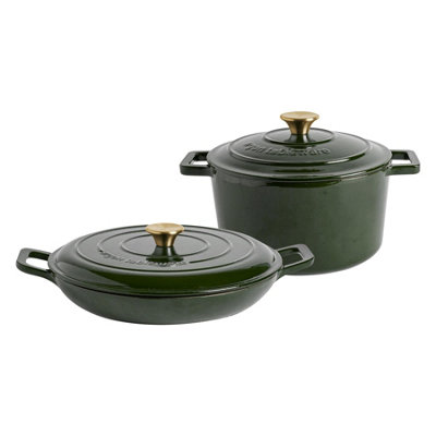 Argon Tableware 2Pc Shallow Cast Iron Casserole Dish With Self-Basting Lid Set - 2.3L/4.5L - Green