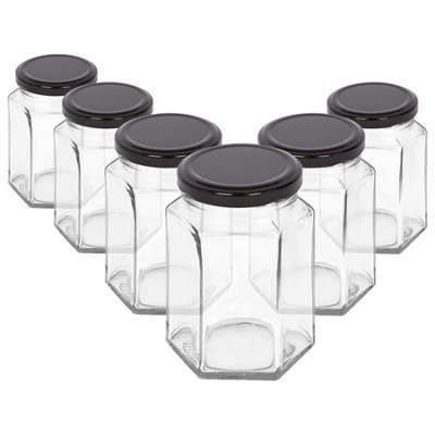 B&Q -  250Ml Glass Jam Jars With Black LidsSet Of 6 Hexagonal Empty Screw Top Kitchen Storage Preserving Jar