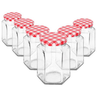 Argon Tableware Red 250Ml Hexagonal Glass Jam Jars With Gingham Lids - Pack Of 6 - Image 7