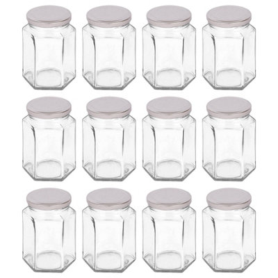 B&Q -  250Ml Glass Jam Jars With Silver LidsSet Of 12 Hexagonal Empty Screw Top Kitchen Storage Preserving Jar