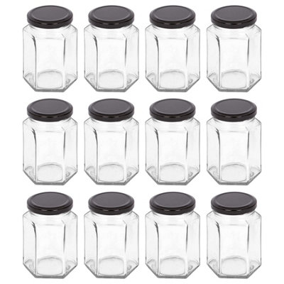B&Q -  250Ml Glass Jam Jars With Black LidsSet Of 12 Hexagonal Empty Screw Top Kitchen Storage Preserving Jar - Image 4