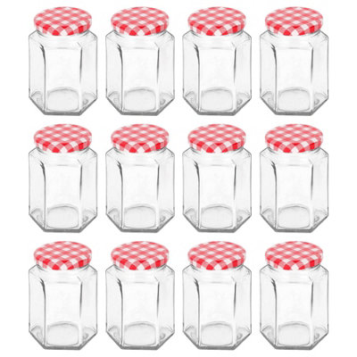 B&Q -  250Ml Glass Jam Jars With Red Gingham LidsSet Of 12 Hexagonal Empty Screw Top Kitchen Storage Preserving Jar
