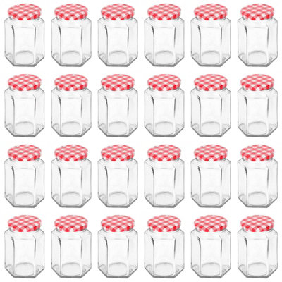 B&Q -  250Ml Glass Jam Jars With Red Gingham LidsSet Of 24 Hexagonal Empty Screw Top Kitchen Storage Preserving Jar