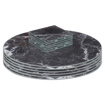 Harbour Housewares 12pc Glass Placemats & Coasters Set - 30 | Black Marble Round Tempered Heat-Resistant Non-Slip Place Mat & Square Coasters Set Indoor Home Kitchen Table Plate Place Mat - Image 6