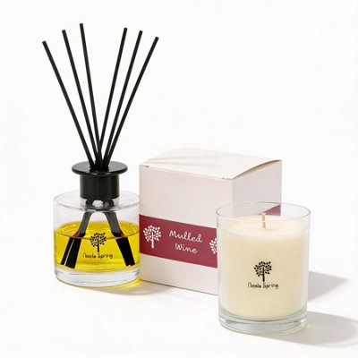 Nicola Spring Candle & Diffuser Set - Mulled Wine Soy Wax Jar & 200Ml Reed Diffuser - Warm Spiced Festive Scent Long Burn 160G