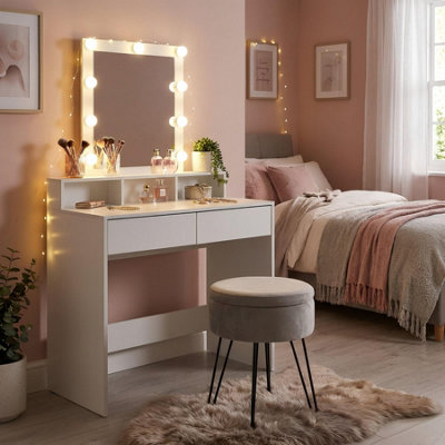 B&Q -  Wooden Dressing Table Set With Led Lights & Grey StoolWhite