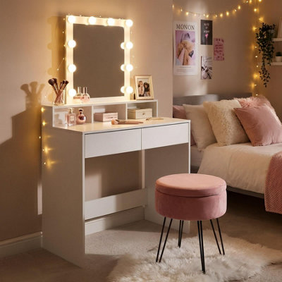 Harbour Housewares Wooden Dressing Table Set With Led Lights & Stool - Pink/White