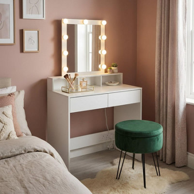 Harbour Housewares Wooden Dressing Table Set With Led Lights & Stool - Green/White