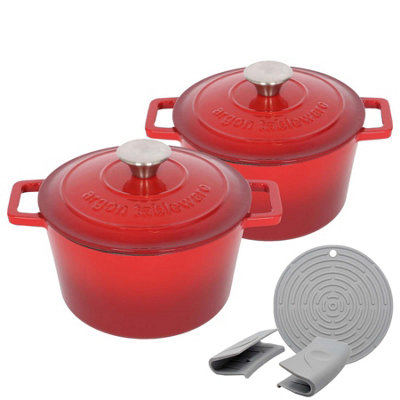 Argon Tableware Unisex Red 2X Round Cast Iron Casserole Dishes With Self Basting Lid - 2.8L In Size 2 - Image 4