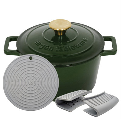 B&Q -  2.8L Round Cast Iron Casserole Dish With Self-Basting LidGreen2.95Qt Dutch Oven Roasting Dish Pot