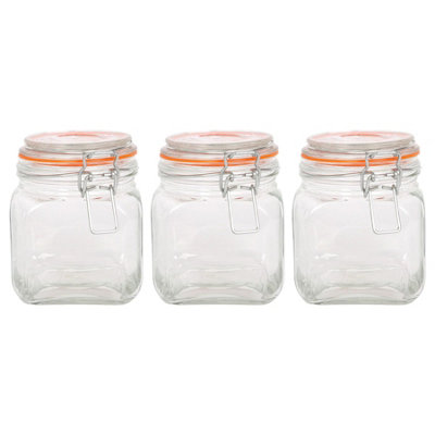 B&Q -  Square Glass Jars With Clip-Top Lids760MlPack Of 3