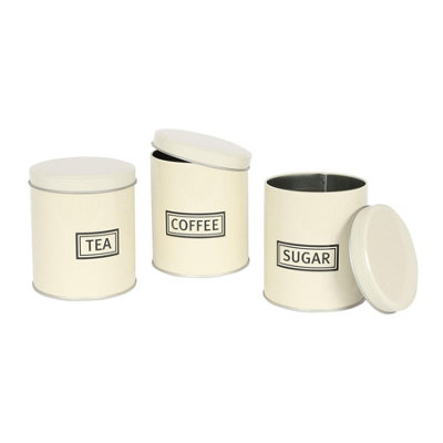Harbour Housewares Cream 3Pc Round Metal Tea Coffee Sugar Canister Set Size 3