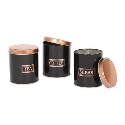 Harbour Housewares 3Pc Round Metal Tea Coffee Sugar Canister Set - /Copper Black