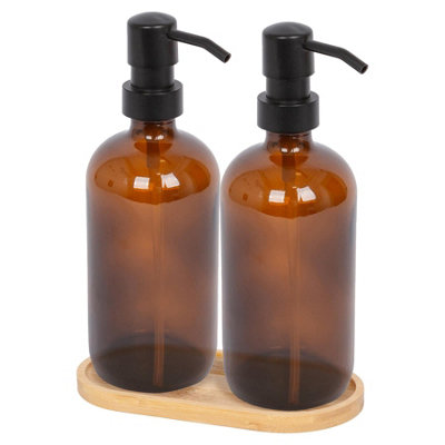 B&Q -  2Pc Glass Soap Dispenser Set With Bamboo Tray500MlAmber