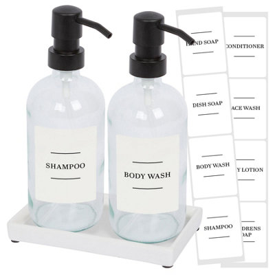 Harbour Housewares 2 Piece Glass Soap Dispenser Set with Ceramic Tray and Labels - 500ml Clear Refillable Bottles with Black Pumps and White Labels - Bathroom Accessories for Hand Wash or Lotion - Image 6